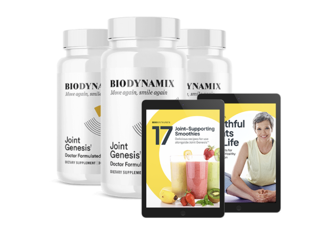 Joint Genesis product bottle with informational bonus materials